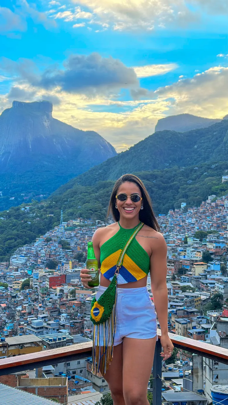 Turista de camisa amarela no mirante, com as casas da Rocinha logo abaixo.